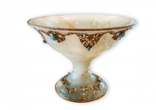 s-315 <br>                                              Bowl.<br> Bronze, natural Peridot, Onyx.  Height 21 cm. Diameter 27 cm.