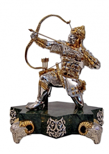 s-90.	<br>  «Batyr draw bow». <br>  Bronze. Natural Jasper. Height 24cm.