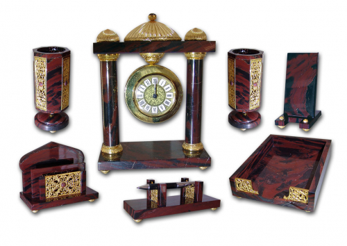 S-428<br> Office set «Turkestan» Bronze with gilding, (gold 999) Ural jasper UTS watch mechanism (Germany)