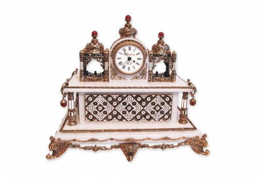 S- 319 <br> Clock towers.<br>  Height 27 cm. Bronze, marble, natural carnelian, enamel, Germany clock mechanism