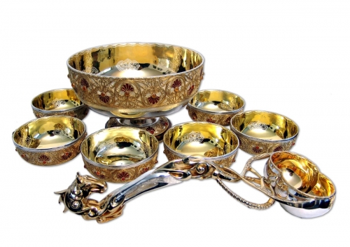 s-27.       <br>        Koumiss set.   <br>  925 silver. 4022 grams. Gilding. Natural Carnelian. Enamel.
