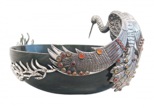 s-63.	<br>  Bowl «Stork». <br>  Bronze. Marble. Natural Carnelian. Height 21cm.