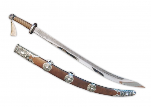 S-340. <br> Sword. <br>  925 silver, 788 grams. Steel. Natural jade, natural cacholong, natural walnut tree. Length 97 cm.