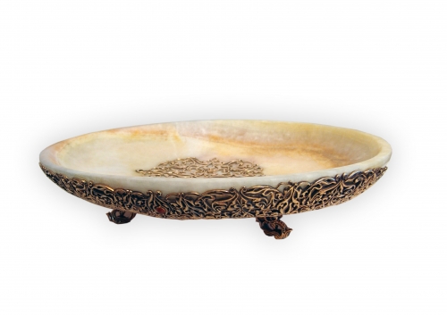 s-334. <br>  	Bowl <br>  Bronze. Natural Onyx, Natural Carnelian. Height 9cm. Diameter 40 cm